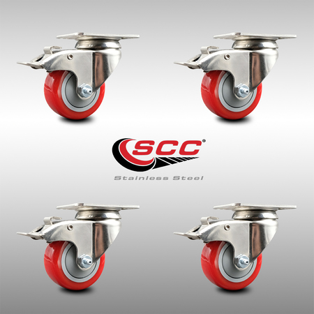 Service Caster 3 Inch 316SS Red Polyurethane Swivel Top Plate Caster Set Total Lock Brake SCC SCC-SS316TTL20S314-PPUB-RED-4